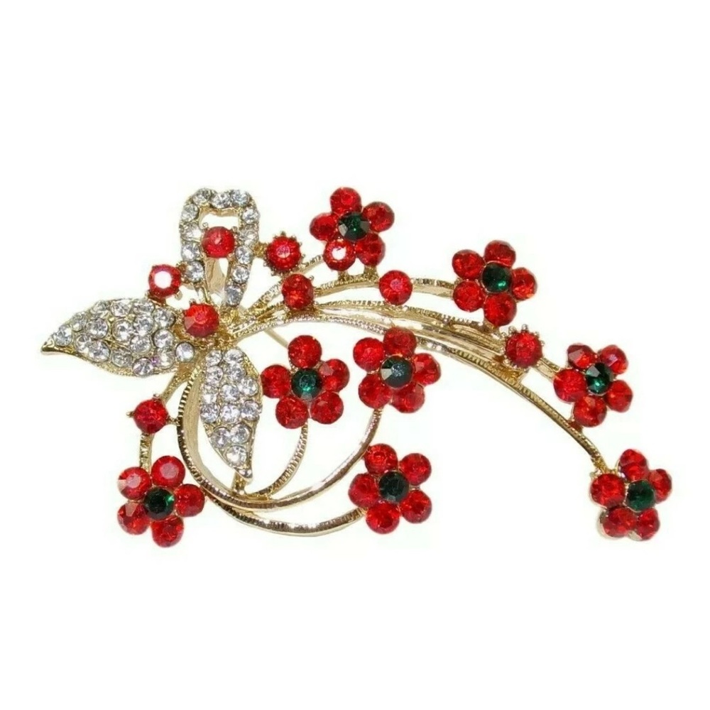 Red Roses Flower Pin Brooch with Red Crystals and Clear Crystal Leaves